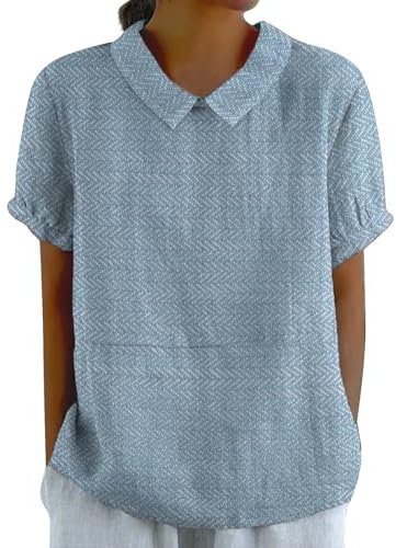 Hrjxfpt Linen Tunic Tops for Women UK Puff Sleeve Oversized Summer Tops My Orders Women's Linen Lapel Art Floral Round Neck Gifts Pullover Top Casual Shirt T-Shirts (01-E-Blue, L)