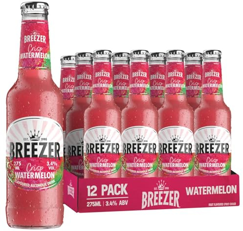 BREEZER Crisp Watermelon Flavoured Alcoholic Drinks, 3.4% ABV, 12x27.5cl | Fruity, Pre-Mixed, Ready to Drink, Watermelon Flavour, RTD Beverages, 12x275ml Multipack
