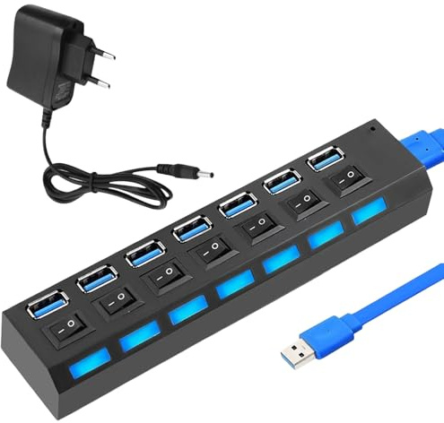 Hub de datos USB 3.0 de 7 puertos USB 3.0 con cable extendido de 60 cm, USB Hub 3.0 activo con fuente de alimentación adaptador, adaptador para PS5, PC, MacBook, memoria USB
