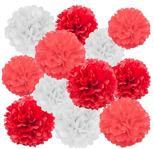 GAKA FAVOR 12er Rot und Weiß Seidenpapier Pompons Set,Tissue Hängedekoration Papier Pompoms Deko für Hochzeit,Taufe,Geburtstag,Kommunion,Valentinstag Muttertag Party Deko