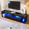 Merax TV Schrank mit LED-Beleuchtung, Stilvoll Fernsehschrank TV Lowboard Hochglanz Schwarz für 70 Zoll Fernseher, TV Ständer mit 2 Schubladen, Glastischplatten, TV Möbel für Wohnzimmer Schlafzimmer