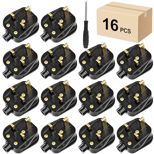 UK Plugs with 13 AMP Fused, 3 pin Mains Plug with Cord Grip Rewireable Heavy Duty Electrical Plug, Rubber Composite Plug, 16 Pack - Black