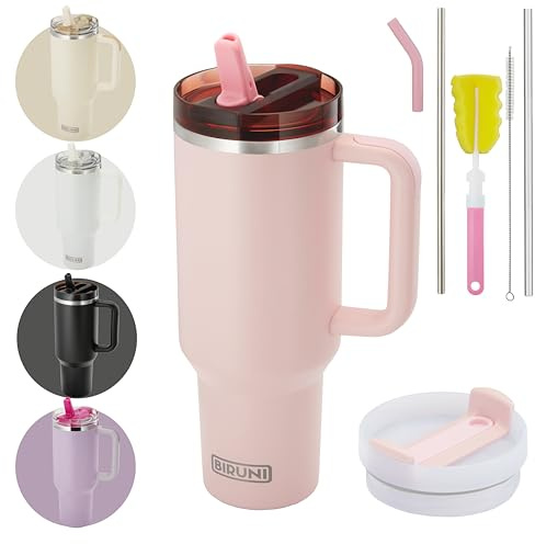 40 oz Tumbler with Straw and 2 Lids (2 in 1 & Leakproof Lid) - 1182 ml Stainless Steel Double Wall Vacuum Insulated Cup Travel Mug with Handle (Pink)