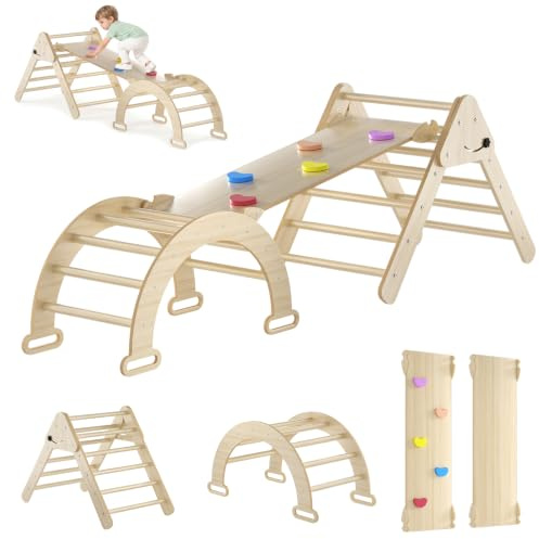 ACXIN 3-in-1 Montessori Klettergerüst Indoor für Kinder mit Kletterdreieck und Kletterbogen, Indoor Spielplatz Set aus Birkenholz, Klettergerüst Indoor 1-6 Jahre, vielseitiges Kletterspielzeug