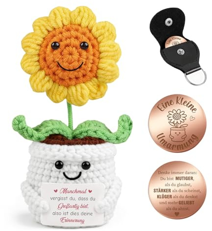 Giftota Geschenke für Frauen Freundin - Pocket Hug Sonnenblume mit Glücksmünze & Lederetui - Glücksbringer & Mutmacher - Schlüsselanhänger & Geburtstagsgeschenk für Mama, Kollegen, Männer, Kinder