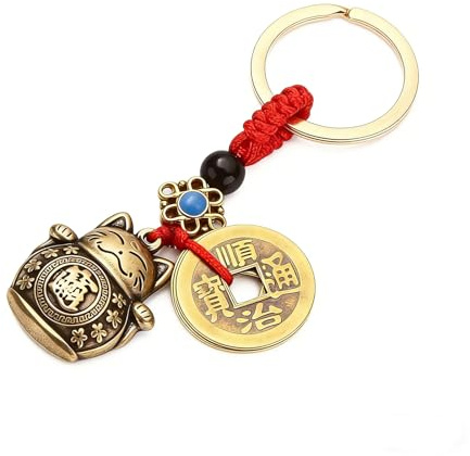 Porte Clés Maneki Neko Porte,Bonheur Japonais,Chat Porte Bonheur avec Feng Shui,Portes Clef Chat Chance pour Nouvel an Chinois,Lucky Charms Tai Sui Key Ring,avec Cinq Empereurs Argent