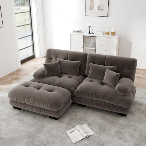NuvlaGu Cloud - Divano angolare in ciniglia a 2 posti, per soggiorno, seduta profonda, doppio divano con 2 cuscini lombari e 2 cuscini decorativi, struttura in legno massiccio, morbido retro ciniglia