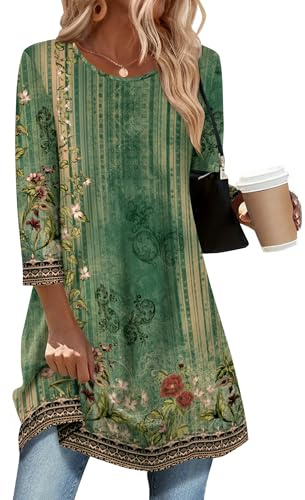 Zeagoo Womens 3/4 Sleeve Tops Casual Tunic Blouses Elegant Crew Neck Shirts | Ladies Floral Top Basic Longline Blouse S-3XL