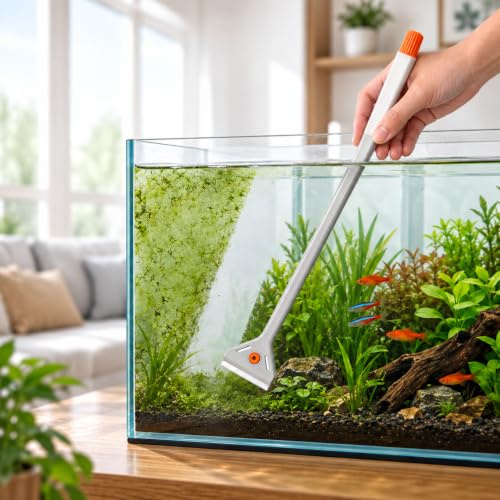 Aquarium Scheibenreiniger 2-in-1, 33 cm Algenkratzer mit 5 Klingen & Bürste | Aquarium Reinigungsset mit 5 Wechselklingen, Bürste und Schutzabdeckung für kleine und mittelgroße Glasaquarien