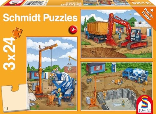 Schmidt Spiele 56200 Auf der Baustelle, 3x24 Teile Kinderpuzzle, Orange