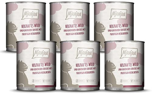 MjAMjAM - Premium Nassfutter für Katzen - herzhaftes Wild & Kaninchen an fruchtigen Heidelbeeren, 6er Pack (6 x 800 g), getreidefrei mit extra viel Fleisch