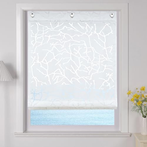 ESLIR Raffrollo mit U-Haken Gardinen Küche Raffgardinen Halbtransparent Ösenrollo Vorhänge Modern Ausbrenner Weiß BxH 120x140cm 1 Stück