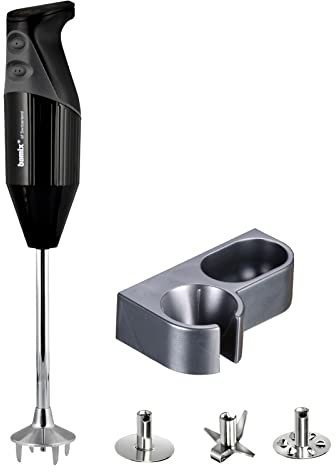 bamix Stabmixer Set G200 GASTRO PRO-2 inkl. Multifunktionsmesser, Quirl-Aufsatz und Schlagscheiben-Aufsatz, Halterung, 200 Watt, 2 Stufen, Edelstahl, Made in Switzerland, Schwarz