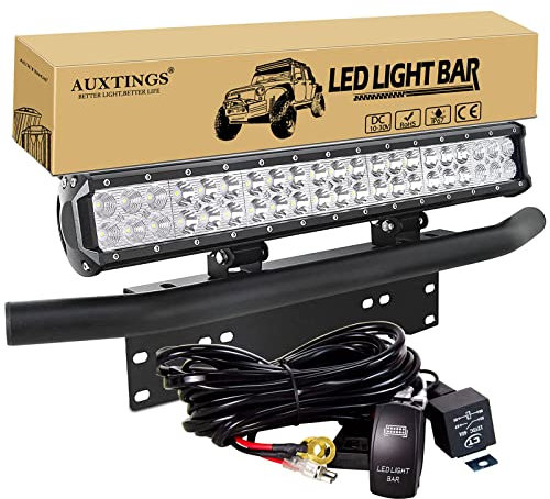 AUXTINGS 50cm 20 Zoll 126w Fleck Flood Strahlarbeit Treiberlampe mit Kennzeichenhalterung Halterung 12V Verdrahtungsgurt Kit Rocker Switch Power Relay Blade Fuse für JP Trucks Auto ATV SUV 4x4 Traktor