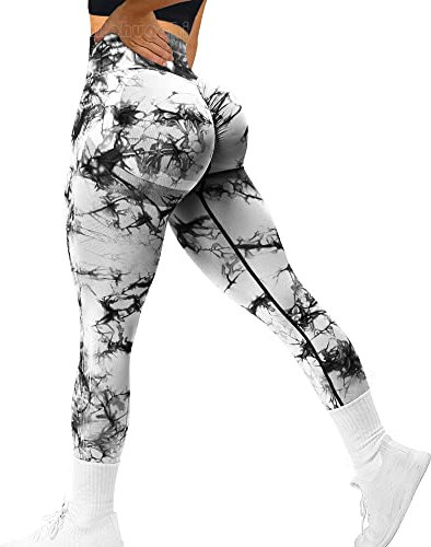 MOHUACHI Legging côtelé sans Couture Taille Haute pour Femme, Pantalon d'entraînement, de Gym, de Yoga, Collant froissé (#5) Tie Dye Noir et Blanc, Taille M