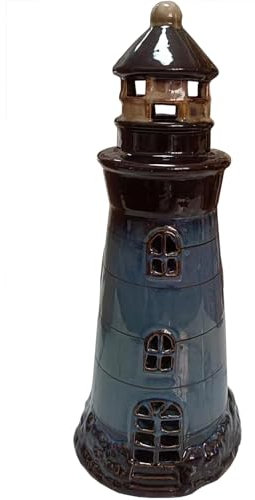 Leuchtturm aus Keramik Deko Mediterraner Stil Blau Nautisches Modell Badezimmer Maritime Meer Dekoration Tischdeko, Höhe 26cm