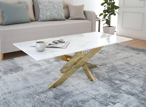 Table Basse rectangulaire Design Verre marbré et Pieds dorés Melissa