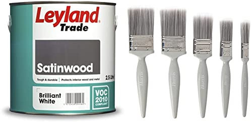 Leyland Trade Satinwood Paint - Brilliant White 2.5L and Harris Essentials Walls & Ceilings Paint Brush Set | Pack of 5 | 0.5, 1, 1.5, 2