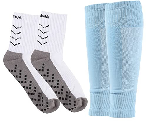 Awilnax Football Sleeve Socks Set, White Black Non Slip Sports Grip Socks and Football Leg Sleeve for Team Sports Basketball Running Rugby Hockey Hiking Outdoor (Blue/White)