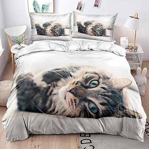 DXHOME 3D Effekt Bettwäsche Katze 200x200 3 teilig Sibirische Bettbezug Flauschige Braun Weiß Mikrofaser Bettwäsche für Mädchen Jungen Doppelbett mit Reißverschluss und 2 Kissenbezüge 80x80 cm