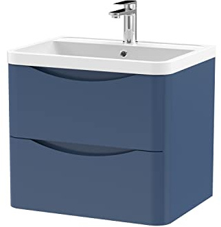 nuie LUN302 Lunar Modern Bathroom Wall Hung 2 Drawer Vanity Basin Unit & Polymarble Basin, 600mm, Satin Blue