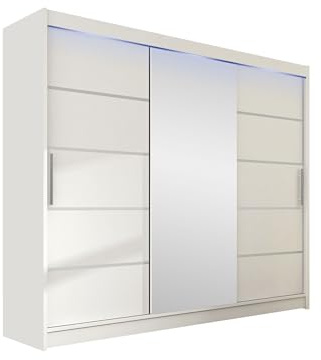 Mirjan24 Schwebetürenschrank Aston VI mit Spiegel, Kleiderschrank, Garderobe, Schlafzimmer, Schiebetürenschrank, Schlafzimmerschrank (Weiß, mit RGB LED Beleuchtung)