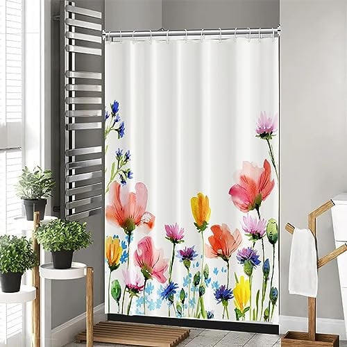 Ttincceer Acquerello Floreale Tenda da Doccia 152x183cm Rosso Blu Viola Fiore Primavera Fioritura Paesaggio Impermeabile per Vasca da Bagno