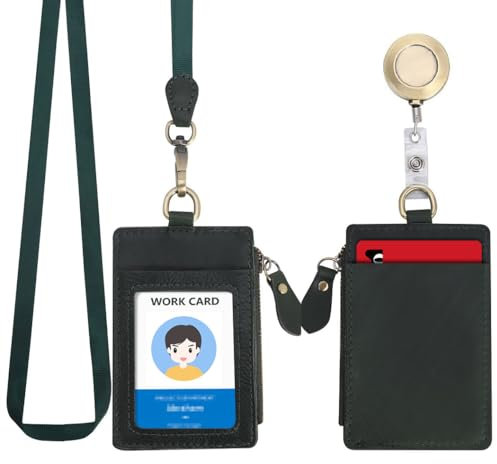 Wonderpool Pelle Porta Badge Porta Carte Tasca a Portafoglio Cerniera con Cordino da Collo Staccabile e Portachiavi Retrattile filo acciaio per Chiavi Monete ID Carte Permesso Tesserino (Verde)
