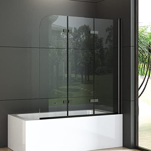 Duschwand für Badewanne 130x140cm 3-teilig Glas Faltbar Duschabtrennung, Schwarz Badewannen Badewannenaufsatz Duschtrennwand, Klappbar Badewannenfaltwand Badewannenwand mit 5mm Nano Sicherheitsglas