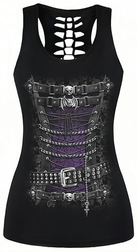 Ocean Plus Femme Crâne Sport Débardeurs Gothique Cache-cœur Gilet d'entraînement sans Manches Chemise Criss Cross Noir T-Shirt Halloween (3XL (Brustumfang: 110 cm), Corset Punk)