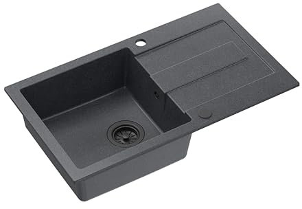 QUADRON Fregadero negro | Tamaño 78 x 45 x 18,5 cm | Fregadero de granito CHRISTIAN 111 fregadero individual | con sifón manual y escurridor | 1 lavabo empotrable