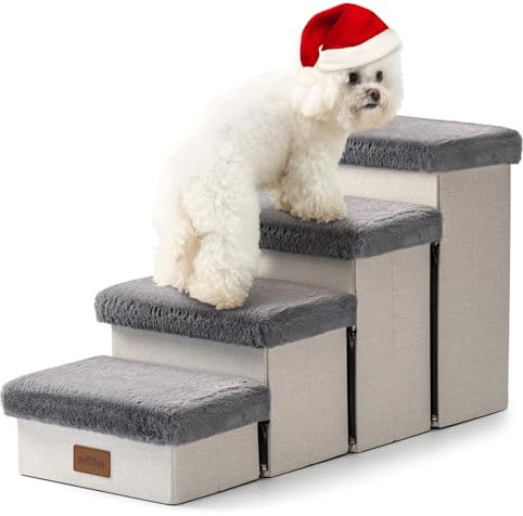 COZY KISS Dog Stairs for Small Dogs with Storage, Foldable Pet Step with Soft Leakproof Cover, Older Cat Ramp for Chair Couch Sofa, Lightweight, Comfort (Grey, 33x13x17.7 inch, 4)