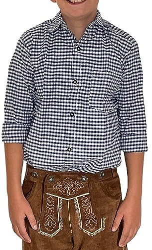 Trachterbahn Trachtenhemd Junge zur Lederhose kariert und Weiß Baumwolle Langarm mit Halstuch 45x45 cm und Brusttasche