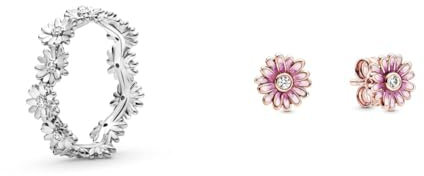 Pandora Ring Gänseblümchenkrone Silber 198799C01 & Moments rosafarbene Gänseblümchen Ohrringe aus 14 Karat Rosévergoldeterr Metalllegierung