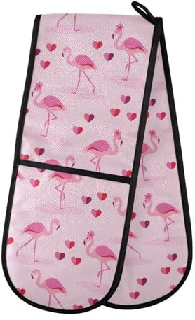 Double Oven Gloves Pink Flamingos Heart Heat Resistant Pot Holder Oven Mitt Gloves for BBQ Cooking Baking Grilling Microwave