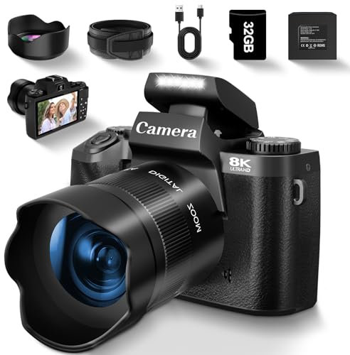 UIKICON Appareil photo numérique 8K pour photographie et vlogging, avec mise au point automatique, affichage tactile WiFi, batterie de 3000 mAh, double objectif, zoom numérique 16X, noir