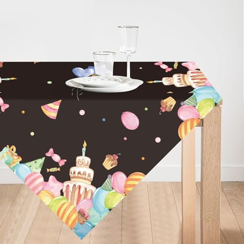 Geburtstag Tischdecken Bunt,Bunt Schwarz Party Tischtuch Ballon Band Tischdecke Tisch Deko für Kinder Mädchen Jungen Geburtstag Party Dekoration 85 x 85cm