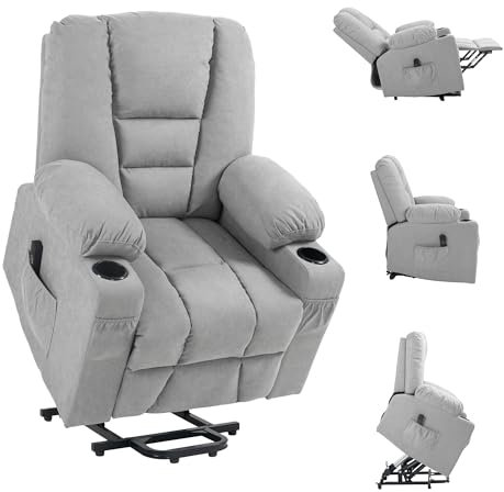 HOMCOM Oversized Riser and Recliner Chairs for the Elderly, Fabric Upholstered Lift Chair for Living Room with Remote Control, Side Pockets, Cup Holder, Light Grey