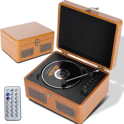 Kocusu Portable CD Player with Speakers,Retro CD Player with Remote Control Support AUX,USB,AUX, Bluetooth, Rechargeable for Home,Working,Travel,Study (Brown)