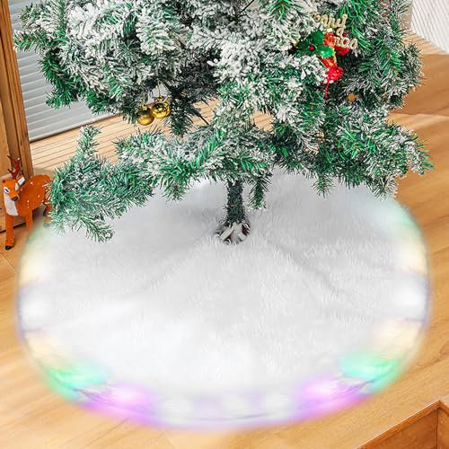 SPORWAY Weihnachtsbaumdecke Rund: 78cm Weihnachtsdecke Weiß Weihnachtsbaum Rock mit Buntes Licht, Plüsch Christbaumdecke Kunstfell Weihnachtsbaumteppich für Christbaumständer Weihnachtsdeko