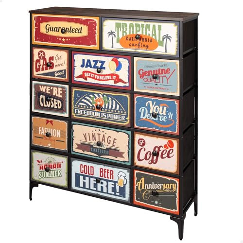 AKTIVE Max Home Cómoda dormitorio multiusos, Gráficos retro y vintage, 14 cajones de tela ligeros, 103x30x119 cm, Estructura acero, Tablero madera, Mesitas de noche, Muebles de salón (18405)