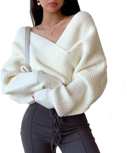 Cache Coeur Femme Manche Longue Thermal Col V Plongeant Sexy Chic et Élégant Soirée Pullover Tricoté Côtelé à la Mode Fin Décolleté Chandail (White, One Size)