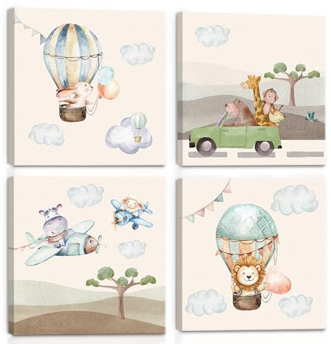 BINCUE 4 Stück 40 * 40cm Tier Bilder für Babyzimmer,Cartoon Dschungel Tier Wandkunst,Wanddeko Kindzimmer Mädchen Jungen,Bilder Tiere Kinderzimmer Babyzimmer Wanddeko,Beige Wanddekoration Wohnzimmer