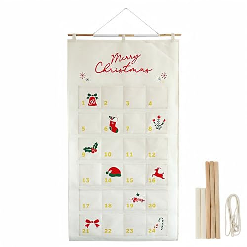 MHwan Adventskalender zum Befüllen Stoff, 130x70cm große Größe Exquisiter Druck Adventskalender Tüten mit Stock und Trageband geliefert, Hochwertige langlebige Materialien, wiederverwendbar (Beige)
