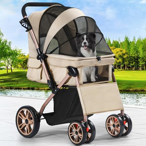 YITAHOME Hundebuggy Hundewagen klappbar für Hunde & Katzen, Haustierbuggy bis 22 kg mit umkehrbarem Griff, Netzfenstern, Getränkehalter, 360° drehbare EVA-Räder mit Bremsen (Beige)