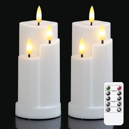 Wroxipel Pack of 2 Flameless 3 Wicks Plastic White LED Candles with Remote Control, 7.5cm x15cm Battery Operated Flickering Warm Light Cycle Timer Pillar Candles for Home Party Festival Decoration