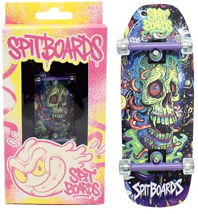 SPITBOARDS 34mm Fingerboard Oldschool Cruiser Pro Complete Setup, Pre-Assembled 5-Layer Wood, Pro Trucks, Soft Urethane 60D Bearing Wheels, Real-Wear Graphics, Lasered Foam Tape 'Frankenskull'