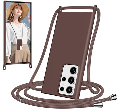 Woijrly Coque pour Samsung Galaxy S24 Ultra 5G avec Cordon, Collier Étui Silicone avec Tour de Cou Lanière, Réglable, Amovible, Antichoc Bumper Housse, Brun