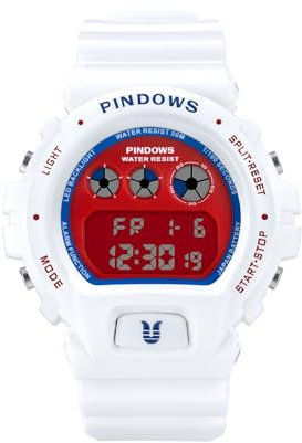 PINDOWS Digitale Armbanduhr Herren, Militär Sportuhr Analog 5ATM Wasserdicht mit Bunte Beleuchtung, Wochentagskalender, Weckerfunktion,12/24-Stunden-Format,Stoppuhr,Rot