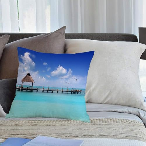 KHWEJ Kissenbezüge 40x40 cm,Tropisch, Seelandschaft, Wolken, Himmel mit Vögeln, Holzsteg, einsamer Bungalow, tropisches Bild,Zierkissenbezug Cushion Cover Couch Wohnzimmer Außenbereich Deko